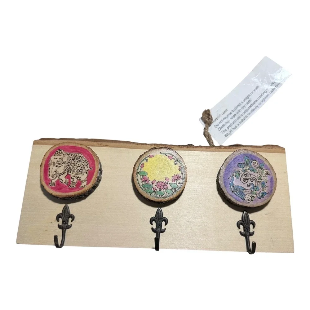 Boho‎ Artisan Wood Slice Wall Hook Rack Hand Painted Elephant Peacock  Decor